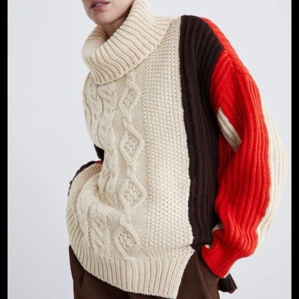 ZARA Chunky Knit Turtleneck Sweater Color Block Cable Knit, Sz M